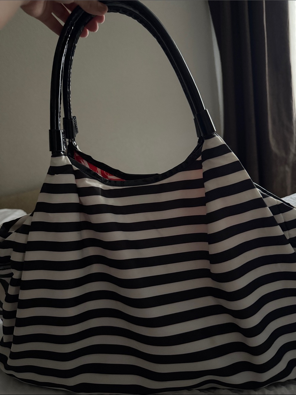 Striped Black and White Tote Bag with Patent Handles